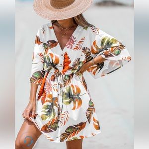 Tropical Floral Print Belted Dress
